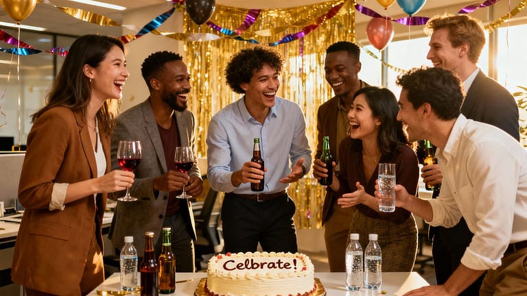 Menschen lachen und unterhalten sich auf einer Firmenfeier.