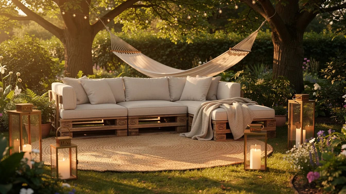 Ein gemütlicher Lounge-Bereich im Garten mit Outdoor-Kissen auf Paletten, einem gewebten Teppich und Laternen auf dem Boden, während eine Hängematte zwischen zwei Bäumen schwingt. Diese einladende Kulisse ist ideal für eine gelungene Gartenparty mit Freunden und Familie.