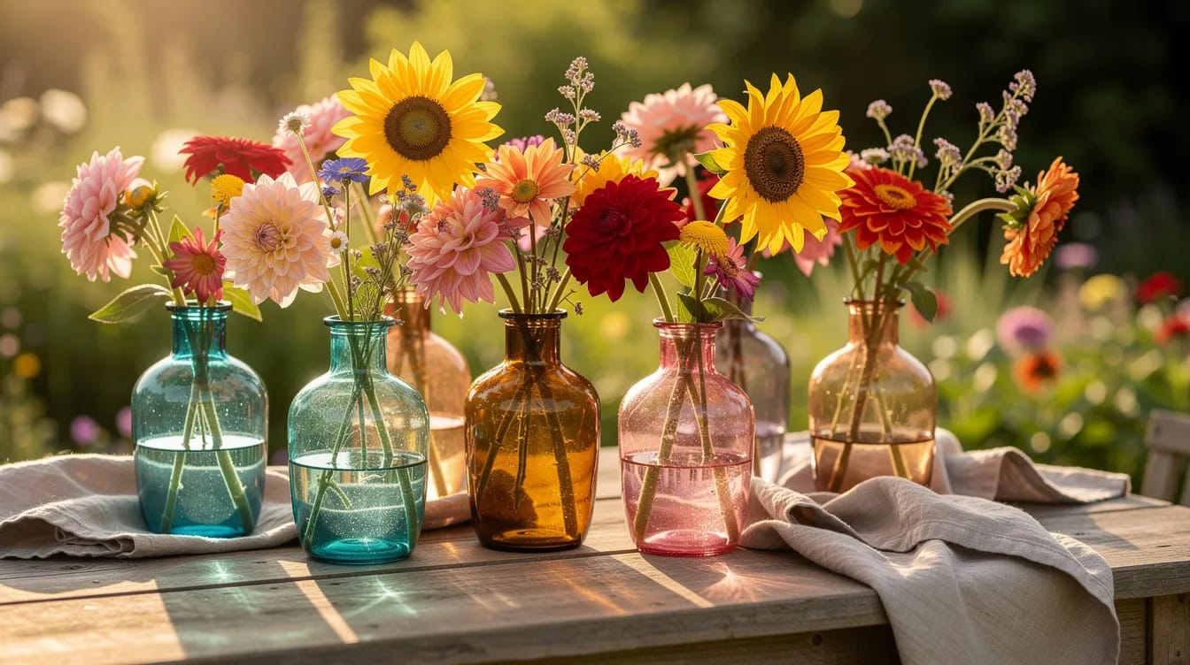 Auf einem rustikalen Holztisch im Garten sind bunte Glasvasen mit frischen Sommerblumen wie Sonnenblumen und Dahlien arrangiert, umgeben von weißen Leinenservietten. Diese ansprechende Tischdeko schafft eine einladende Atmosphäre für eine gelungene Gartenparty oder ein Sommerfest mit Freunden und Familie.