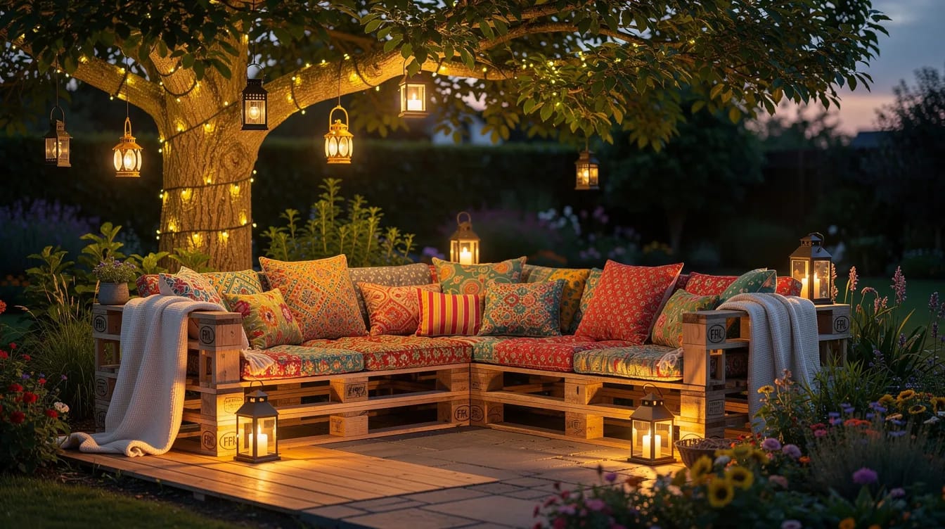 Eine gemütliche Lounge-Ecke im Garten ist mit Palettenmöbeln, bunten Kissen und Laternen dekoriert, die unter einem großen Baum stehen. Diese einladende Atmosphäre eignet sich perfekt für eine Gartenparty mit Freunden und Familie, um den Sommer zu genießen.