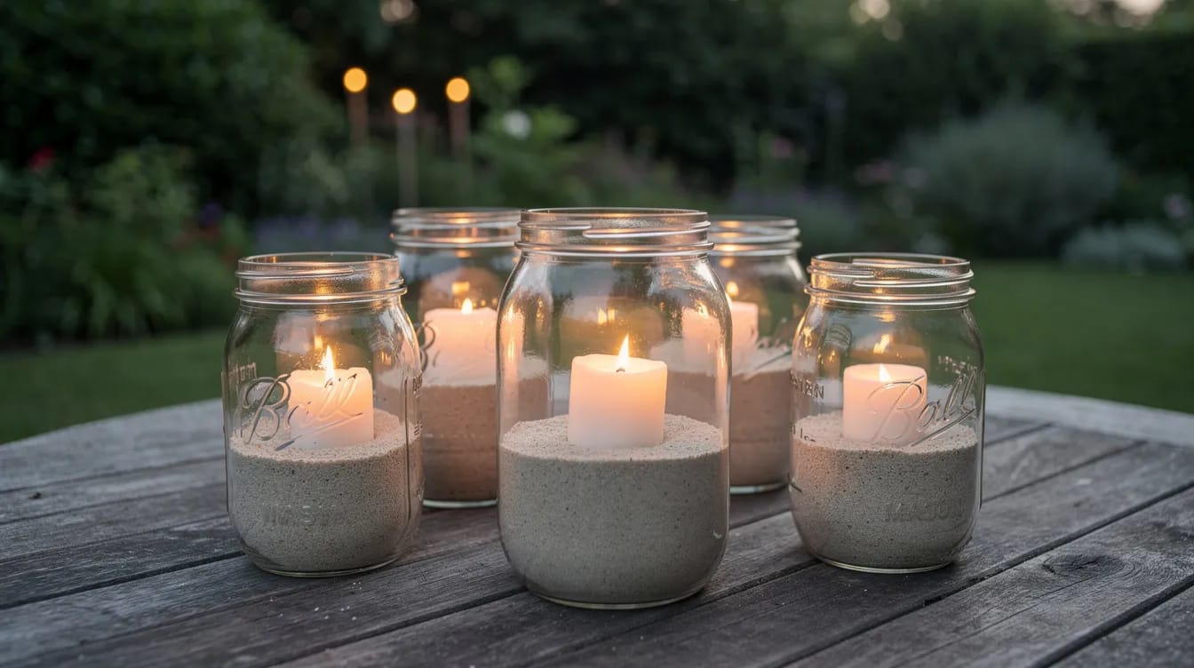 Auf einem Holztisch im Garten stehen selbstgemachte Windlichter aus Einmachgläsern, gefüllt mit Sand und Kerzen, die eine gemütliche Atmosphäre für eine Sommerparty schaffen. Die Dekoration verleiht dem Gartenfest eine einladende Note und sorgt für stimmungsvolles Licht in der warmen Sommernacht.