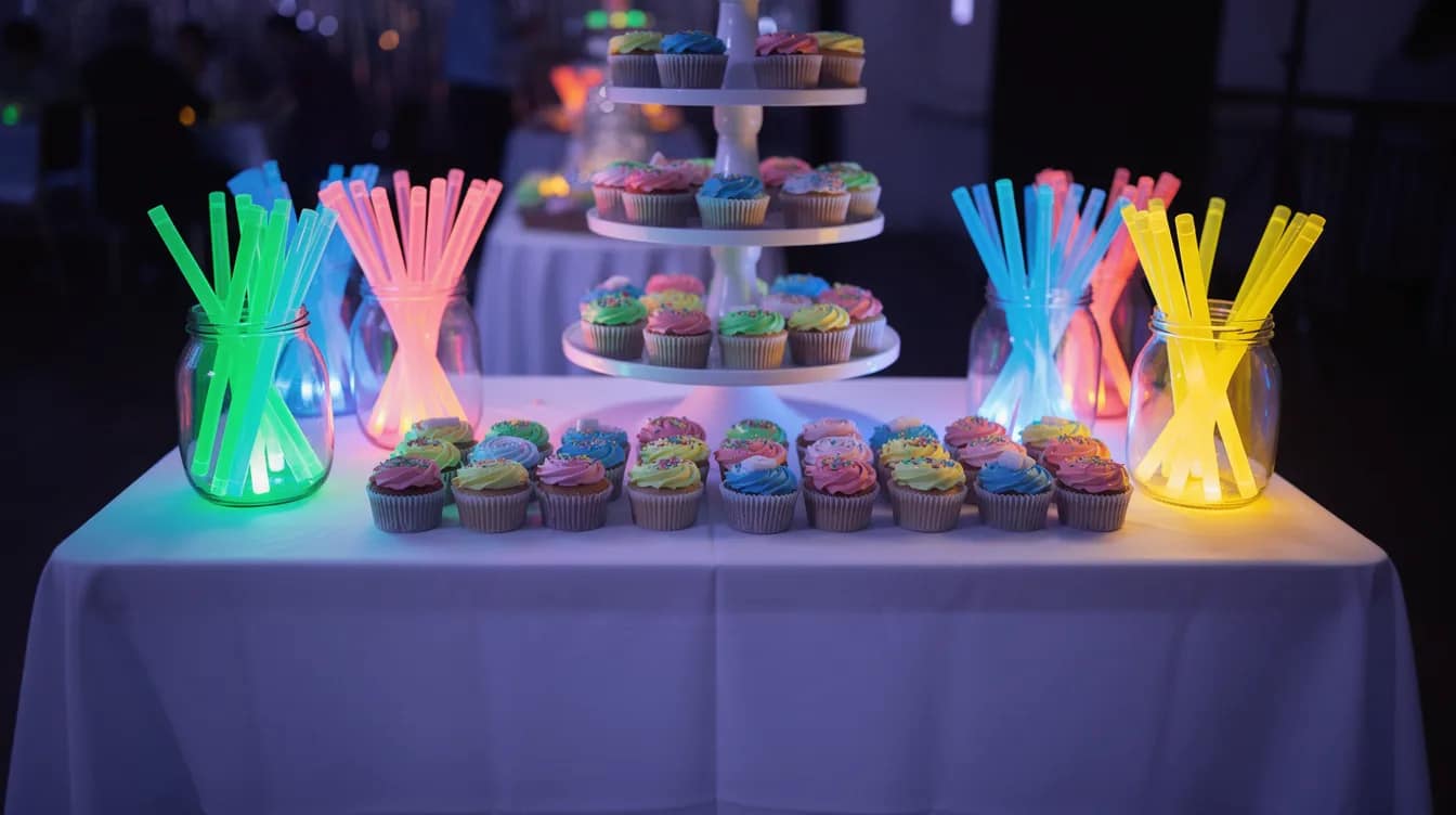 Ein Buffet-Tisch mit einer weißen Tischdecke ist reich dekoriert mit bunten Cupcakes und Gläsern voller leuchtender Glow Sticks, die unter UV-Beleuchtung strahlen. Die Atmosphäre erinnert an eine aufregende Schwarzlicht-Party, ideal für Kinder und festliche Anlässe.