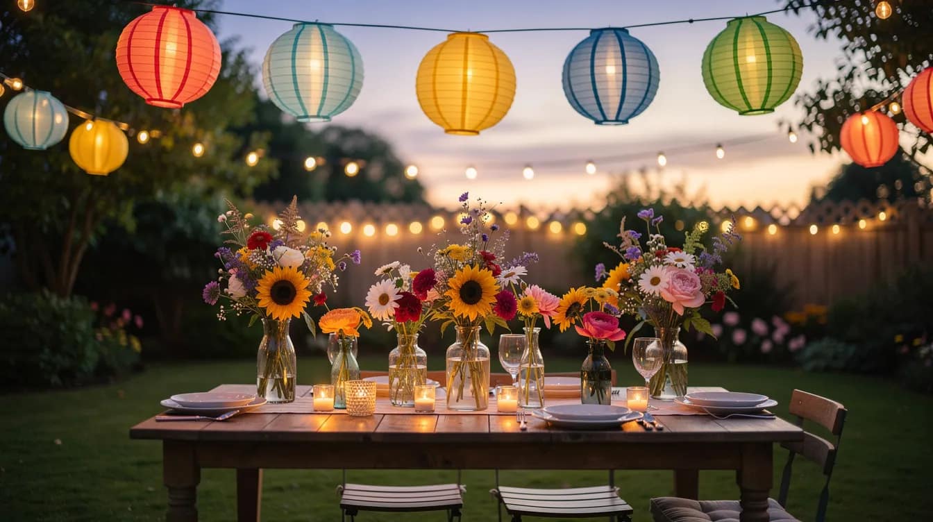 Ein festlich geschmückter Gartentisch strahlt im Abendlicht mit bunten Lampions und Lichterketten, umgeben von sommerlichen Blumenvasen, die eine einladende Atmosphäre für eine Gartenparty schaffen. Die Dekoration sorgt für ein fröhliches Sommerfeeling und lädt Freunde und Familie zu einem unvergesslichen Sommerfest ein.