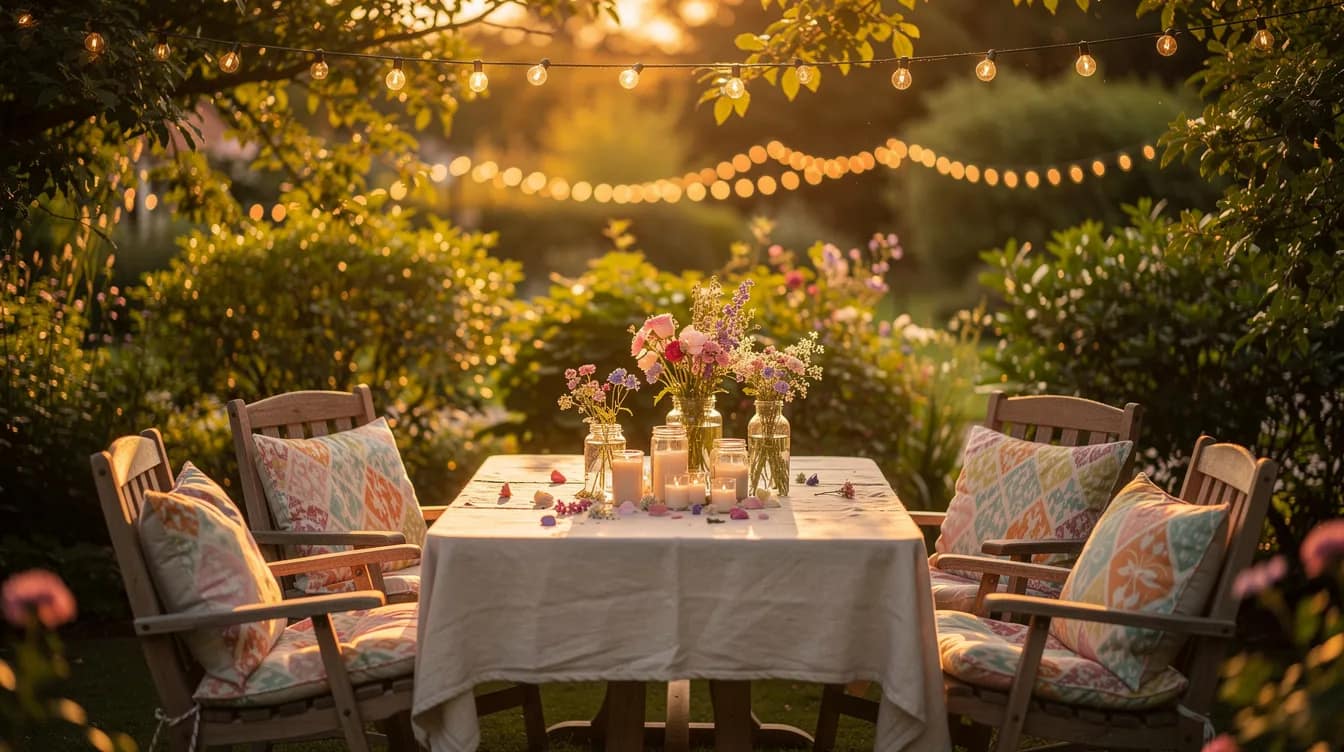 Ein festlich geschmückter Gartentisch für eine Sommerparty ist mit bunten Kissen, frischen Blumen und Lichterketten dekoriert, während die Sonne im Hintergrund untergeht. Diese stimmungsvolle Tischdeko schafft eine einladende Atmosphäre für Feiern mit Familie und Freunden.