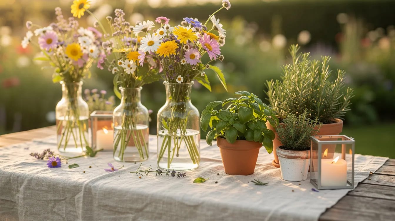 Die Nahaufnahme zeigt einen sommerlich gedeckten Gartentisch mit einer eleganten Leinentischdecke, Glasvasen, die mit bunten Wildblumen gefüllt sind, sowie stimmungsvollen Kerzen in Windlichtern und kleinen Kräutertöpfen. Diese Dekoration schafft die perfekte Atmosphäre für eine gelungene Gartenparty oder ein entspanntes Beisammensein mit Freunden und Familie.