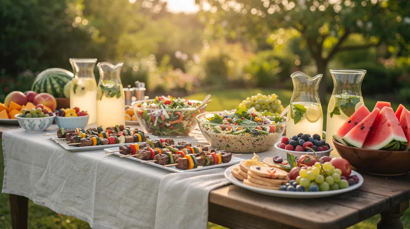 Ein sommerliches Buffet im Freien bietet eine bunte Auswahl an Salaten in Glasschüsseln, köstlichen Grillspießen, frischem Obst und erfrischenden Karaffen mit Limonade, ideal für eine Gartenparty oder ein Sommerfest mit Freunden und Familie. Die fröhliche Atmosphäre wird durch sommerliche Dekorationen und das strahlende Wetter unter einem blauen Himmel unterstrichen.