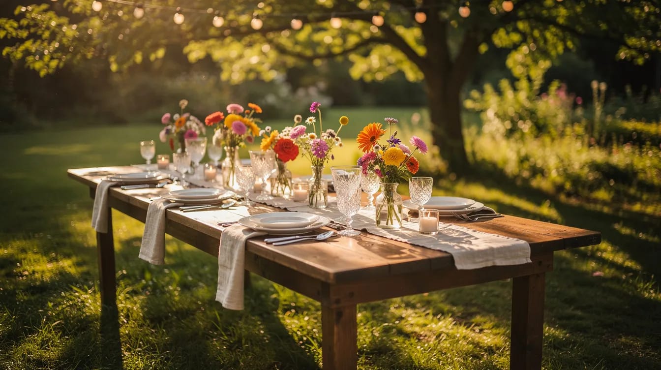 Ein wunderschön gedeckter langer Holztisch steht in einem üppig grünen Garten zur goldenen Stunde, umgeben von bunten Sommerblumen als Tischdeko und mit Lichterketten über dem Tisch für eine festliche Stimmung. Diese Szene ist perfekt für eine gelungene Gartenparty mit Freunden und Familie.