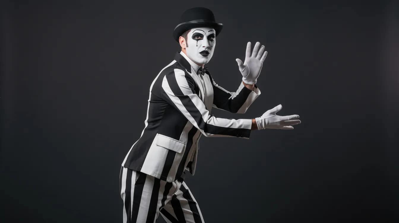 Eine Person in einem kreativen Schwarz-Weiß-Pantomime-Kostüm mit dramatischem Make-up steht im Mittelpunkt des Bildes. Das Outfit kombiniert verschiedene Schwarz- und Weißtöne und wird durch eine auffällige Maske und Accessoires wie eine Fliege und einen Hut ergänzt, was es zu einem Hingucker für jede Mottoparty macht.