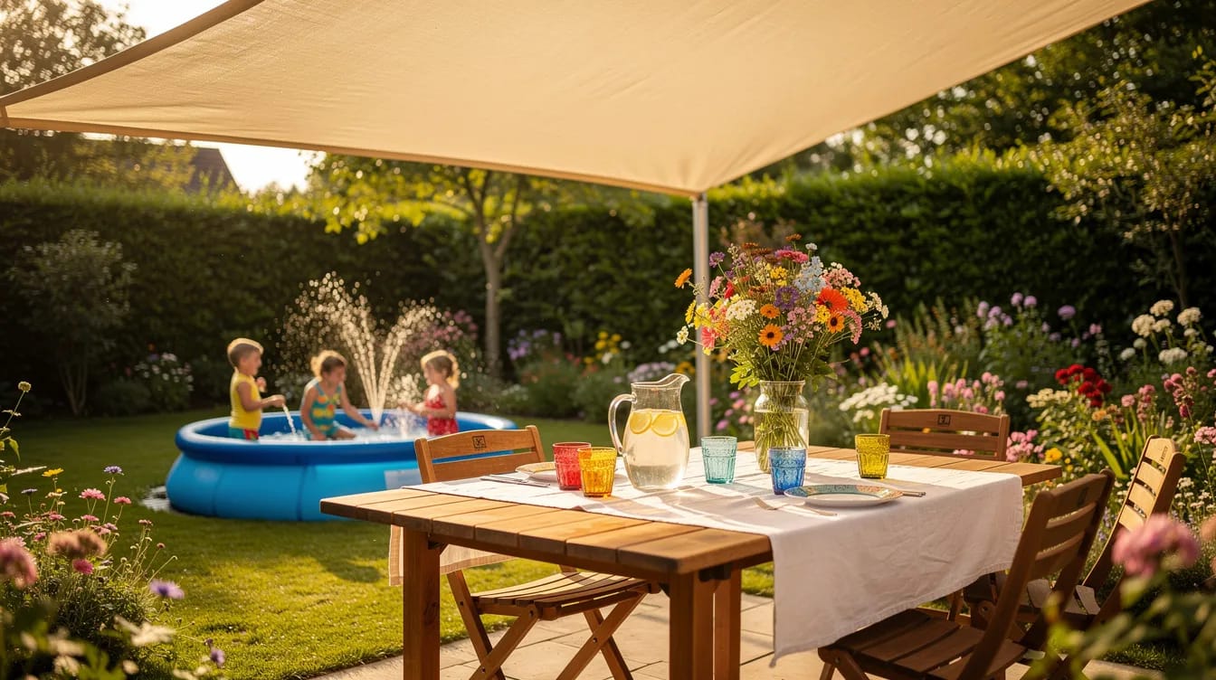Ein sonniger Garten mit einem aufgespannten Sonnensegel bietet einen einladenden Platz für eine Gartenparty. Unter dem Sonnensegel steht ein liebevoll gedeckter Tisch mit Getränken und bunten Blumen, während im Hintergrund fröhliche Kinder in einem Planschbecken spielen.