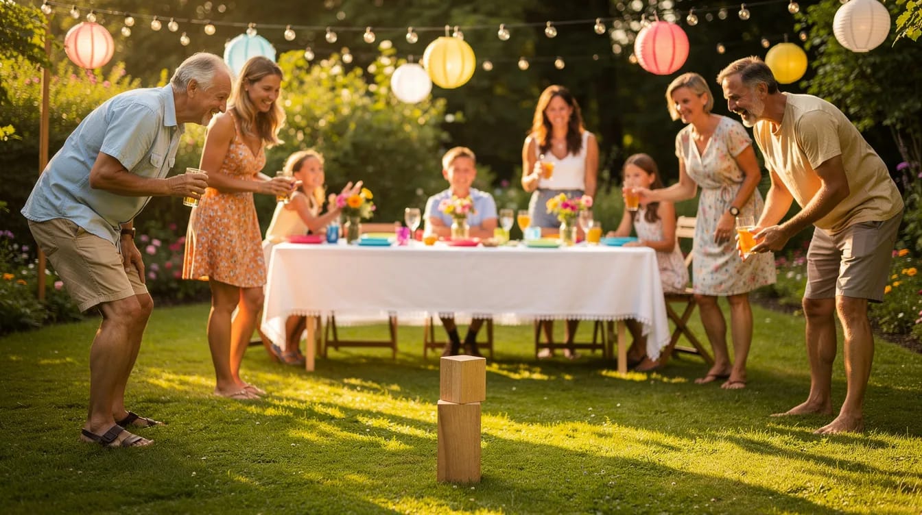 Auf einer grünen Wiese im Garten spielen Menschen Wikingerschach, während im Hintergrund eine festlich geschmückte Tafel mit bunten Lampions und Lichterketten für eine einladende Atmosphäre sorgt. Diese Szene ist perfekt für eine gelungene Gartenparty im Sommer, bei der Freunde und Familie zusammenkommen.