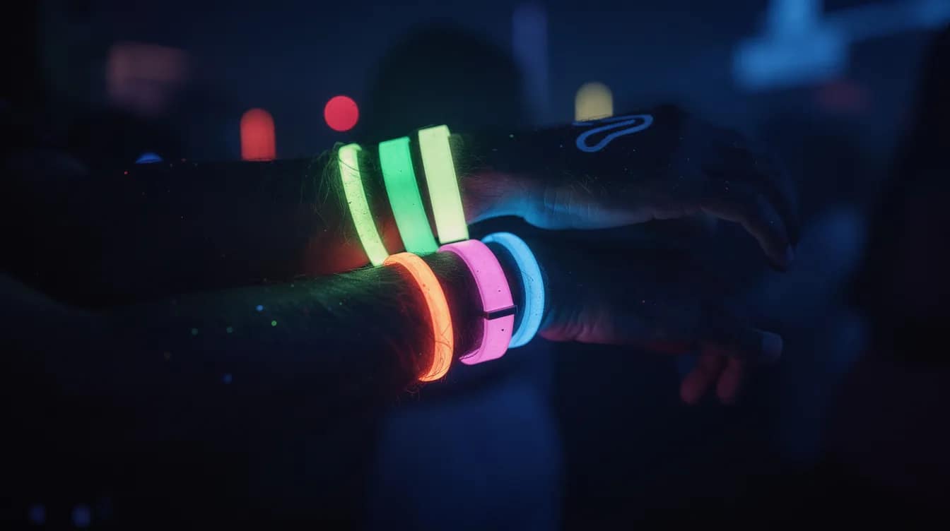 Eine Nahaufnahme von Händen und Armen, die mit neon-leuchtenden Armbändern und Schweißbändern geschmückt sind, strahlt unter UV-Licht im Rahmen einer Schwarzlicht-Party. Die leuchtenden Farben schaffen eine lebendige und festliche Atmosphäre, ideal für eine Mottoparty.