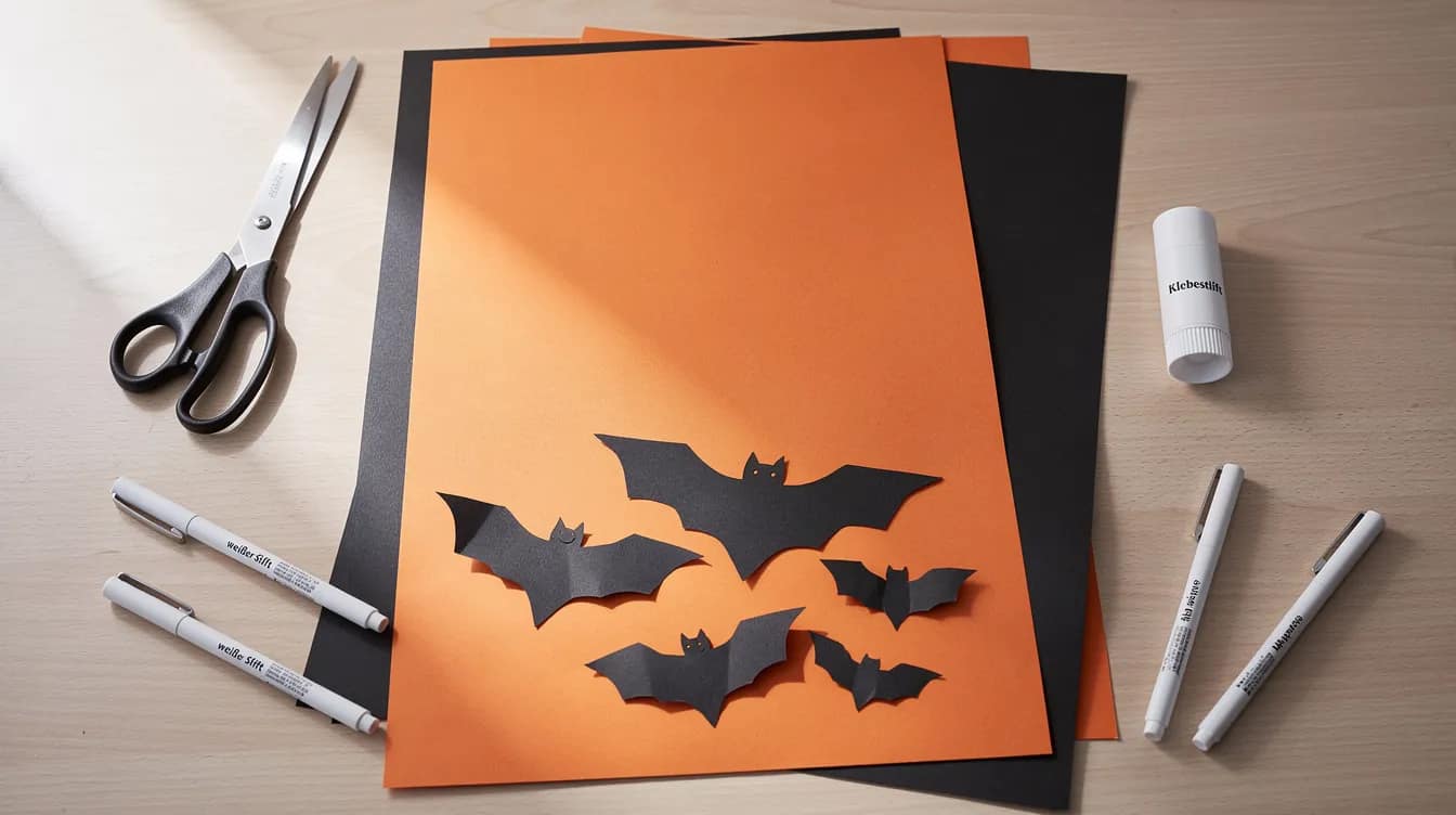Auf einem Tisch liegen verschiedene Bastelmaterialien für eine Halloween-Party: orangefarbener und schwarzer Tonkarton, eine Schere, ein Klebestift, weiße Stifte und ausgeschnittene Fledermaus-Formen. Diese Materialien laden dazu ein, kreative Halloween-Einladungskarten zu gestalten.