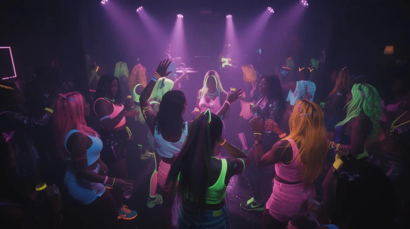 In einem dunklen Raum tanzen Menschen in neonfarbener Kleidung unter violettem UV-Licht, während die Atmosphäre einer Schwarzlicht-Party von bunten Lichtern und Accessoires geprägt ist. Die tanzenden Gäste genießen die Musik und die lebendige Stimmung, umgeben von leuchtenden Farben und kreativen Dekorationen.