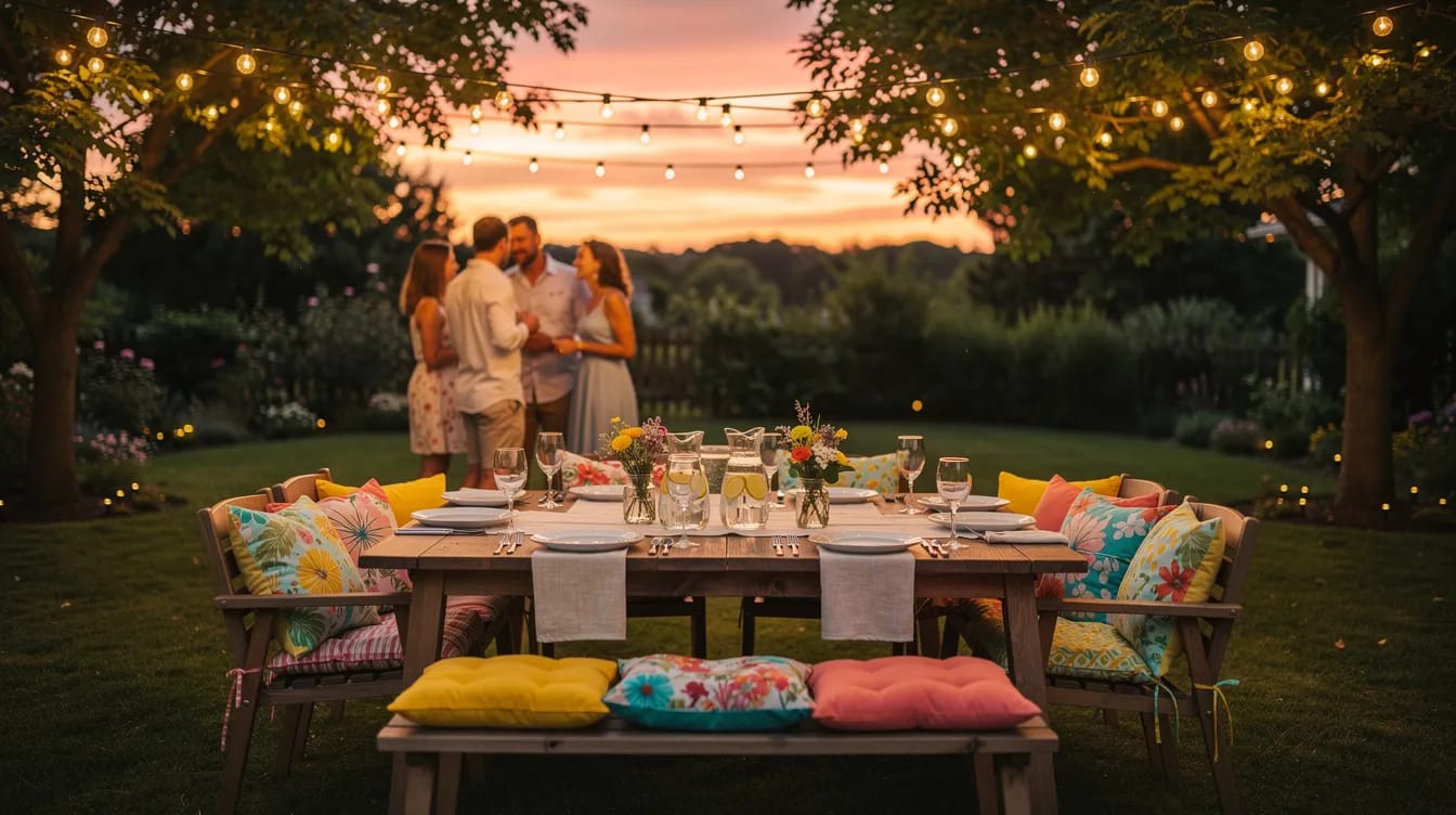 Die sommerliche Gartenparty bei Sonnenuntergang ist mit warmweißen Lichterketten zwischen den Bäumen geschmückt, während eine liebevoll gedeckte Tafel und bunte Kissen auf Holzbänken die einladende Atmosphäre unterstreichen. Gäste genießen köstliche Speisen und Drinks im Freien, umgeben von einer stimmungsvollen Dekoration und dem warmen Licht der untergehenden Sonne.