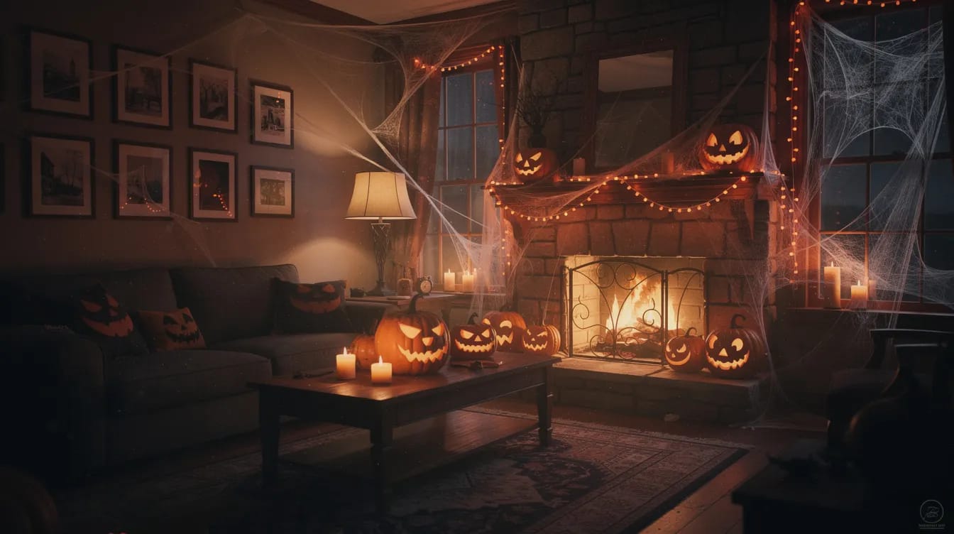 Das Bild zeigt ein schwach beleuchtetes Wohnzimmer, das für eine Halloween-Party dekoriert ist. Überall hängen Spinnweben, geschnitzte Kürbisse leuchten orange und Lichterketten sorgen für eine gruselige Stimmung, perfekt für eine Halloween-Nacht voller Spaß und Grusel.