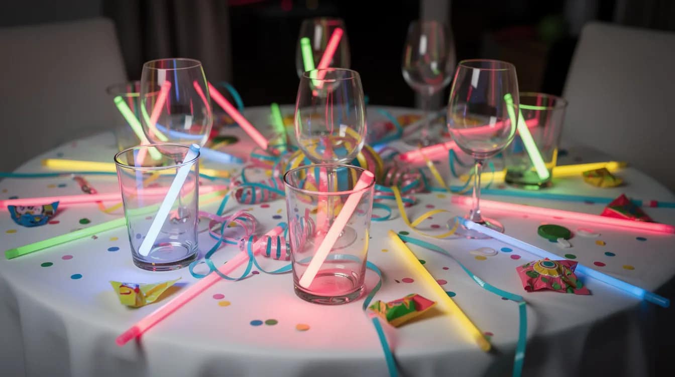 Ein Tisch mit einer weißen Tischdecke ist festlich gedeckt und dekoriert mit Gläsern, die voller leuchtender Knicklichter sind. Neonfarbene Dekorationen und Accessoires verleihen der Szene eine lebendige Atmosphäre, ideal für eine Schwarzlicht-Party oder Mottoparty.