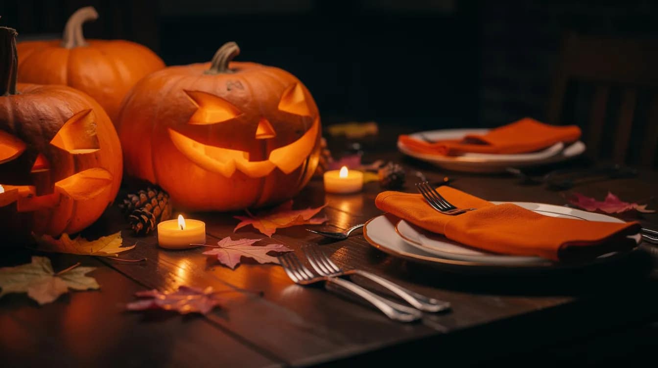 Ein herbstlich dekorierter Tisch für eine Halloween-Party, geschmückt mit geschnitzten Kürbissen, LED-Kerzen und orangefarbenen Servietten, schafft eine schaurig schöne Stimmung in einer dunklen Umgebung. Die Dekoration ist perfekt für eine Gruselparty und lädt Freunde und Familie ein, gemeinsam einen unvergesslichen Abend zu verbringen.