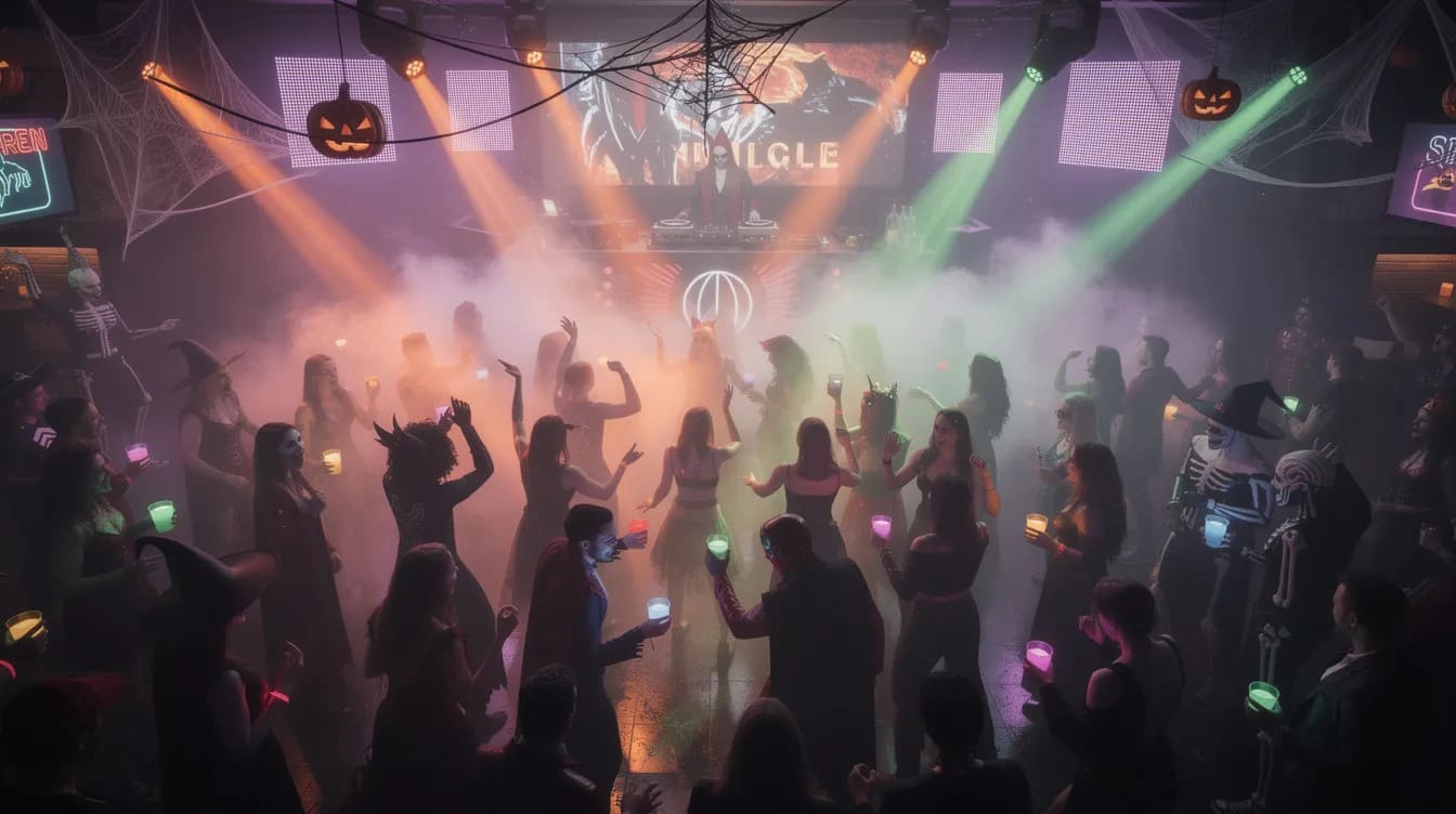 Das Bild zeigt eine belebte Halloween-Party in einem Club, wo buntes Licht und Nebelmaschinen die Atmosphäre prägen. Kostümierte Tänzer und fröhliche Gäste feiern inmitten von gruseliger Dekoration und einer lebhaften Tanzfläche, während die Musik die Nacht voller Spaß und Gruselspaß begleitet.
