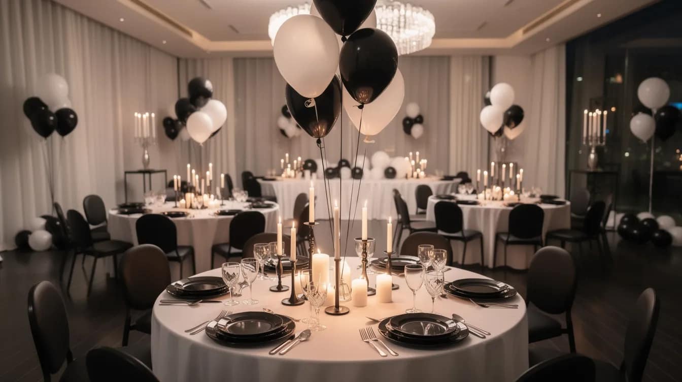 Die elegante Party-Location ist festlich mit schwarzen und weißen Dekorationselementen gestaltet, darunter Ballons und Kerzen, die auf den stilvoll gedeckten Tischen stehen. Diese schwarz-weiße Mottoparty strahlt eine besondere Eleganz aus und bietet kreative Ideen für ein unvergessliches Event.