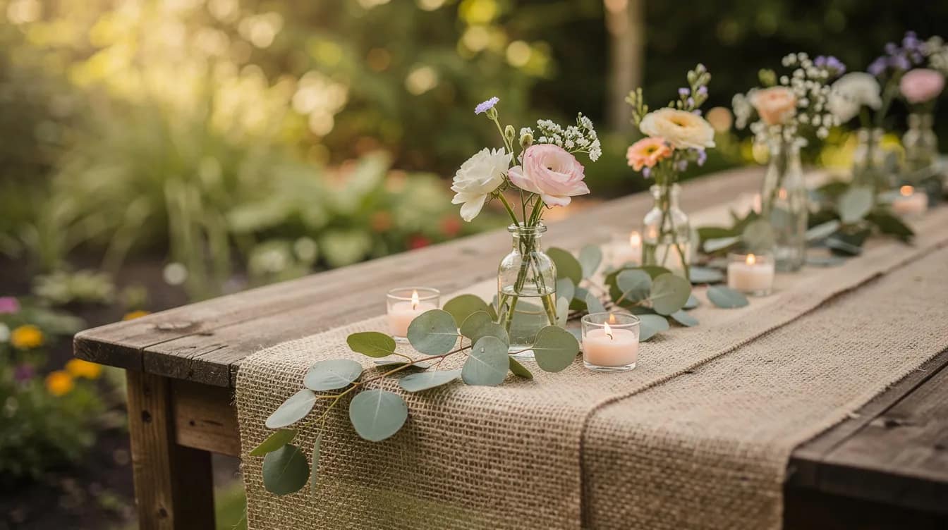 Ein rustikaler Holztisch ist mit einem Jute-Läufer dekoriert, umgeben von Eukalyptuszweigen, kleinen Blumenvasen und Teelichtern, die eine einladende Atmosphäre für eine Gartenparty schaffen. Diese sommerliche Tischdeko bringt frische Akzente in den Garten und sorgt für ein stilvolles Ambiente bei Feierlichkeiten im Freien.