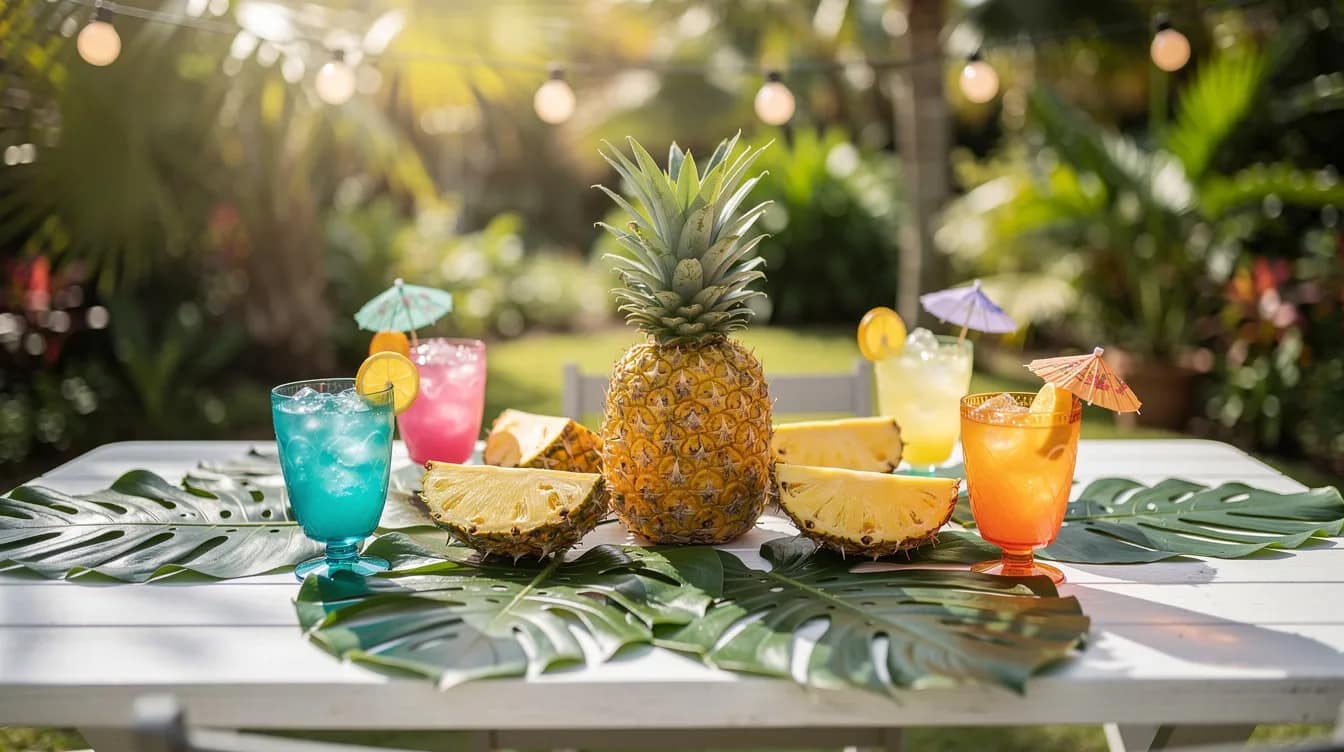 Ein farbenfroh dekorierter Gartentisch im tropischen Stil, geschmückt mit Monstera-Blättern, Ananas und bunten Gläsern, während Lichterketten eine festliche Stimmung erzeugen. Diese ansprechende Tischdeko ist perfekt für eine gelungene Gartenparty oder ein Sommerfest mit Freunden und Familie.
