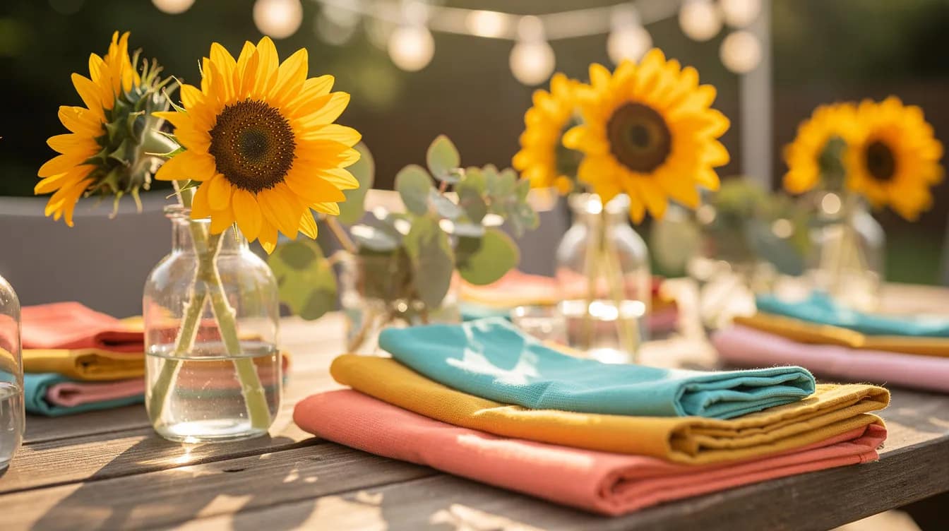 Eine Nahaufnahme eines sommerlich dekorierten Tisches zeigt strahlende Sonnenblumen und Eukalyptus in eleganten Glasvasen, umgeben von bunten Servietten und einer stimmungsvollen Lichterkette im Hintergrund. Diese Tischdeko vermittelt ein fröhliches Sommergefühl und lädt zu einer Gartenparty mit Freunden ein.