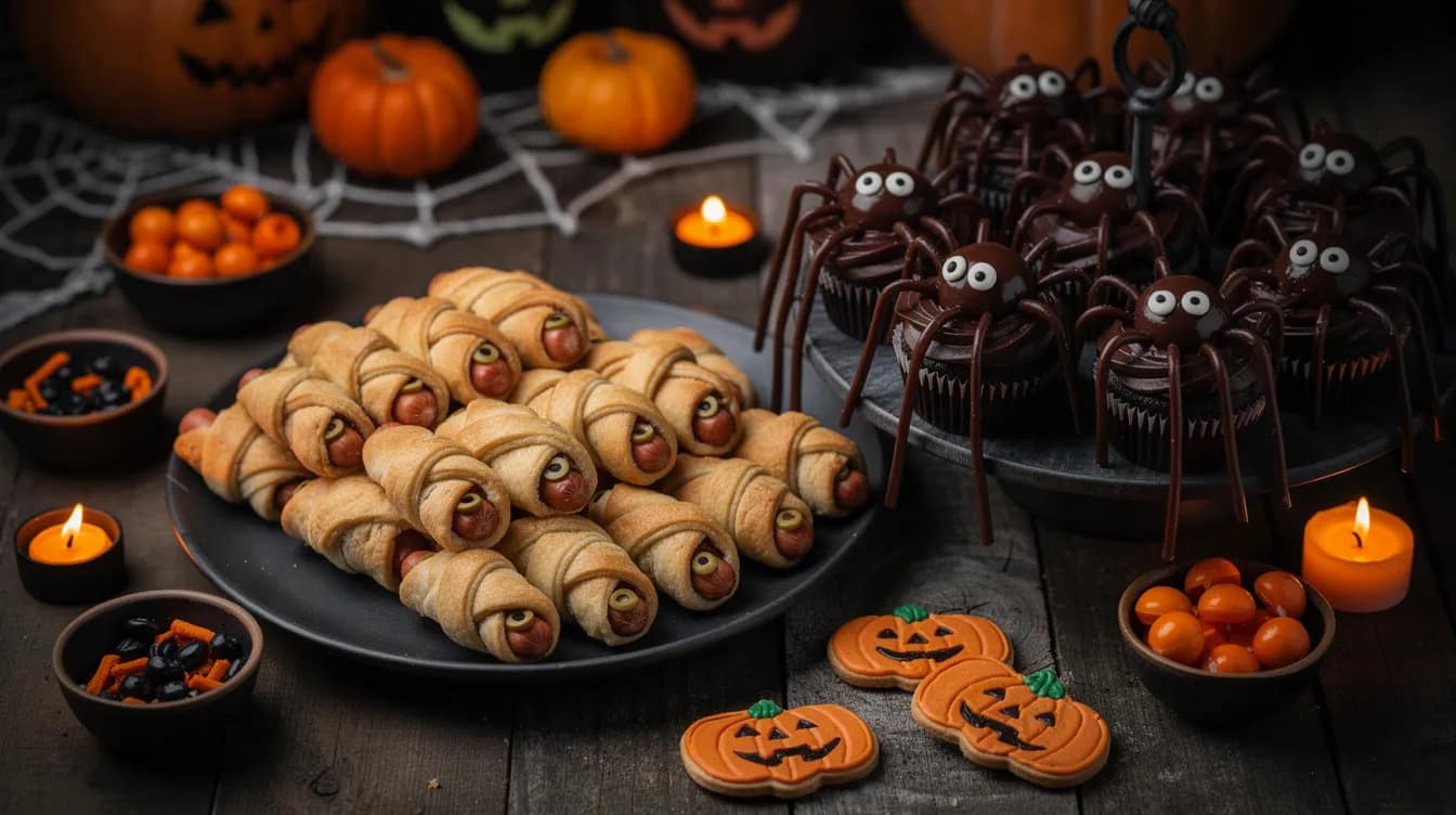 Auf einem dunklen Tisch sind gruselige Halloween-Snacks angerichtet, darunter Mumien-Hotdogs und Spinnen-Cupcakes, die perfekt für eine Halloween-Party sind. Die schaurige Dekoration und das schummrige Licht sorgen für eine unheimliche Atmosphäre, ideal für eine Nacht voller Gruselspaß.