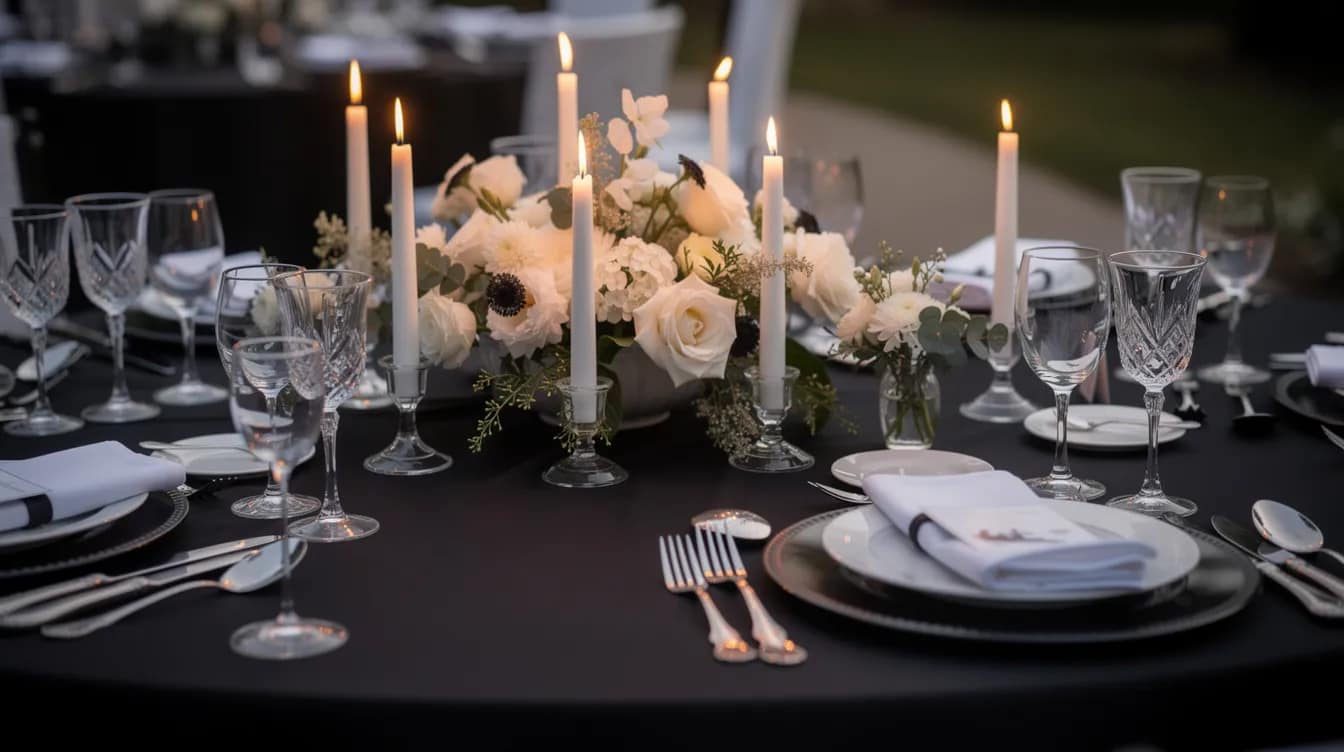 Ein eleganter Tisch für eine Schwarz-Weiß-Party, geschmückt mit einer schwarzen Tischdecke, weißen Kerzen und bunten Blumen, bietet eine stilvolle Atmosphäre. Die eleganten Teller und die liebevolle Dekoration schaffen ein einladendes Ambiente für die Gäste.