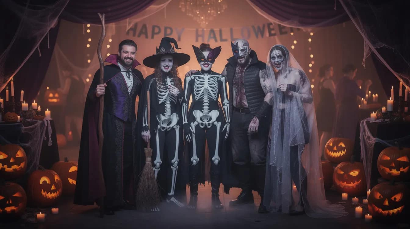 Eine Gruppe von Freunden posiert in aufwendigen Halloween-Kostümen auf einer düsteren Halloween-Party, umgeben von gruseliger Dekoration und schummrigem Licht. Die Atmosphäre ist voller Spaß und Spannung, während sie sich für ein Foto zusammenfinden.
