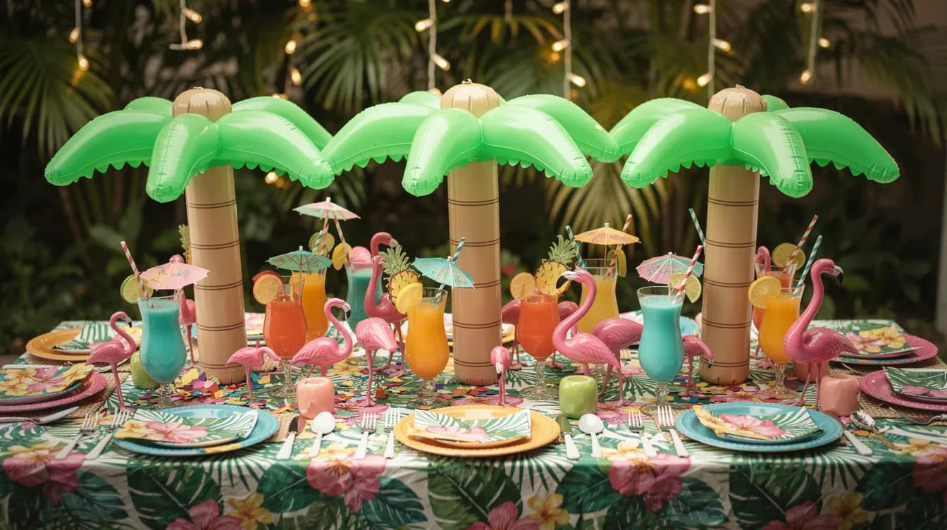 Ein tropisch dekorierter Partytisch ist mit aufblasbaren Palmen, bunten Getränken und Flamingo-Figuren geschmückt, was eine fröhliche Atmosphäre für eine Sommerparty schafft. Die lebhaften Farben und die sommerliche Deko verleihen dem Gartenfest ein einladendes und festliches Flair.