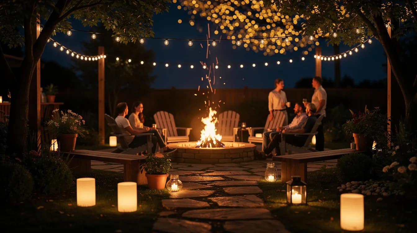 Ein wunderschöner Garten bei Nacht, beleuchtet von warmen Lichterketten und leuchtenden Laternen am Boden. Im Hintergrund versammeln sich Freunde um ein Lagerfeuer, während sie eine gelungene Gartenparty genießen.