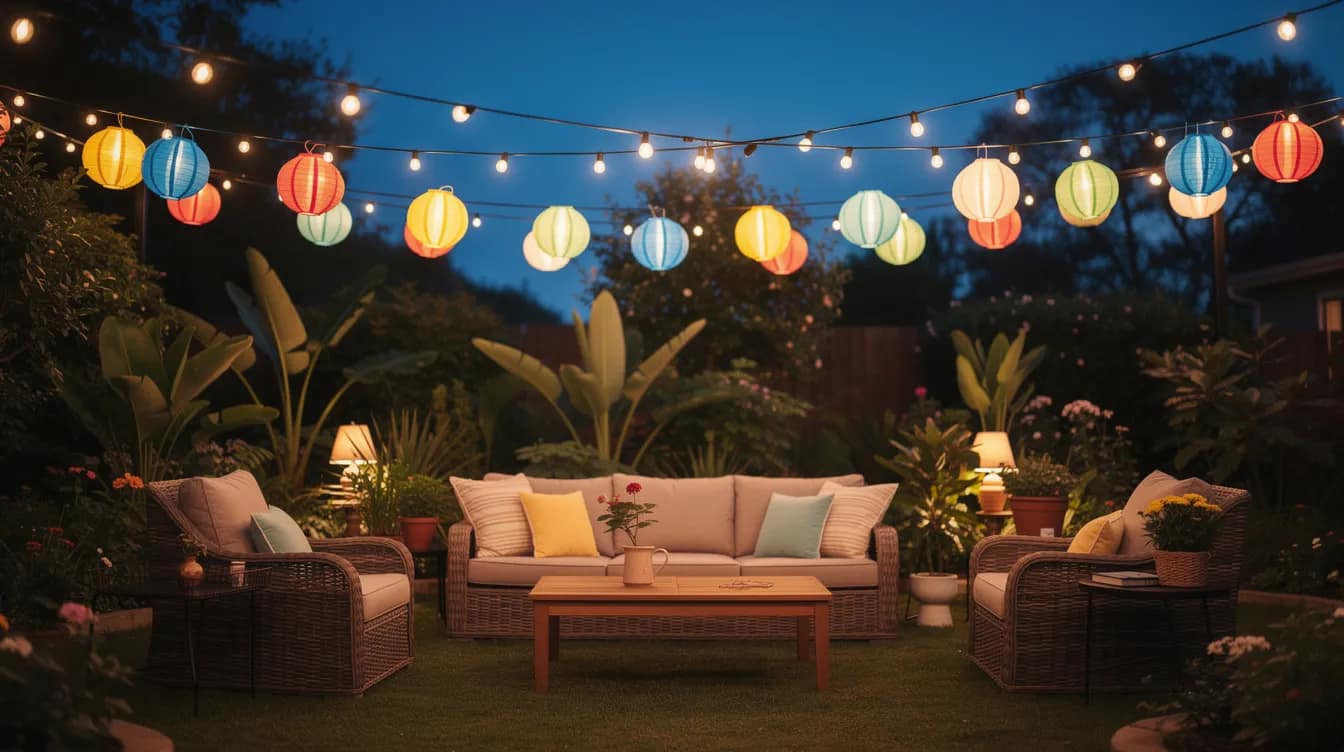 Die Gartenlounge ist in der Abenddämmerung mit warmweißen Lichterketten und bunten Papierlampions dekoriert, was eine gemütliche Atmosphäre für eine Sommerparty schafft. Diese stimmungsvolle Dekoration sorgt für ein einladendes Ambiente, ideal für ein Gartenfest mit Freunden und Familie.